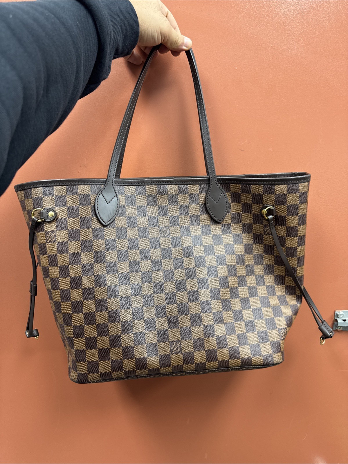 AUTHENTIC LOUIS VUITTON Neverfull MM Tote Bag Damier canvas Brown Ebene