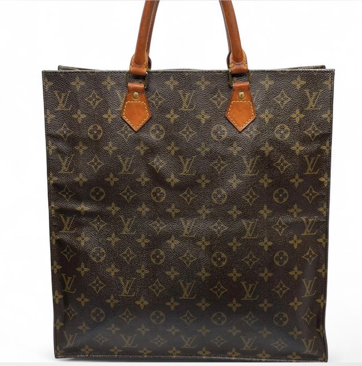 Louis Vuitton Monogram Tote Bag Brown Leather Handles Classic Style
