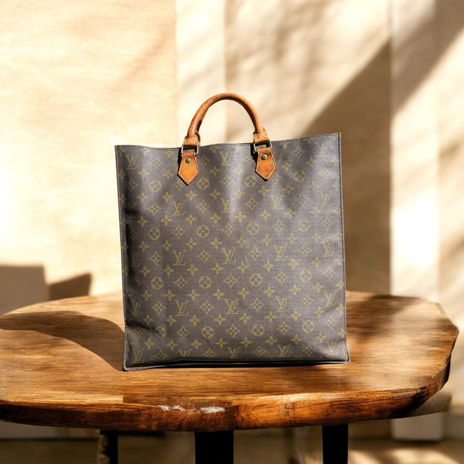 Louis Vuitton Sac Plat Hand Tote Bag Leather, Brown, Monogram Design