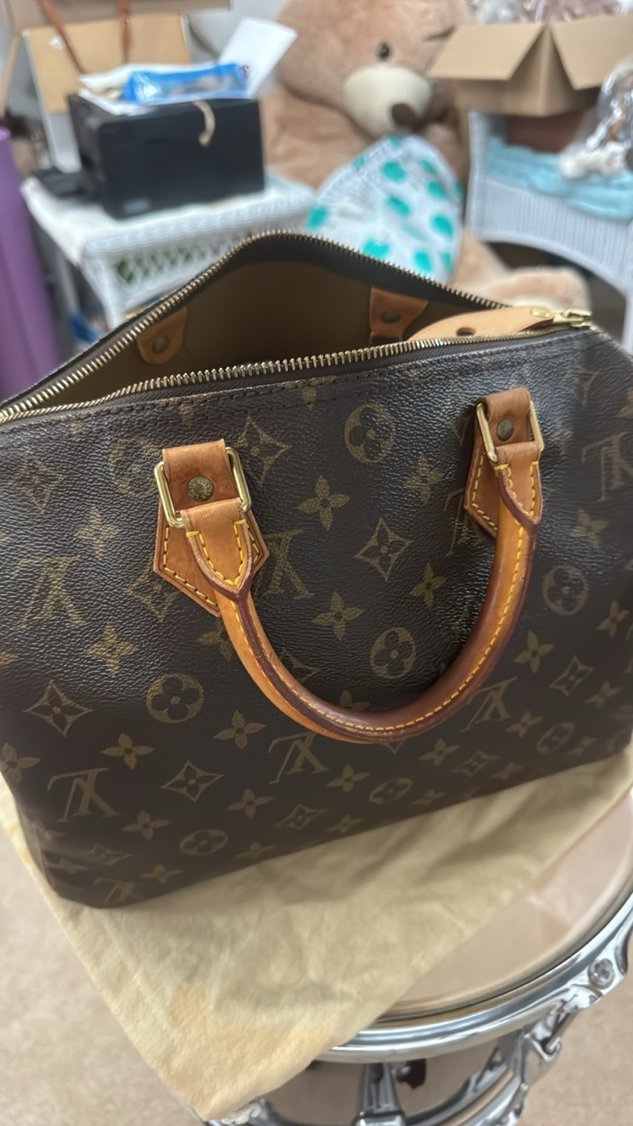 Louis Vuitton Monogram Brown Satchel Lock Key Top Handle Gold Hardware