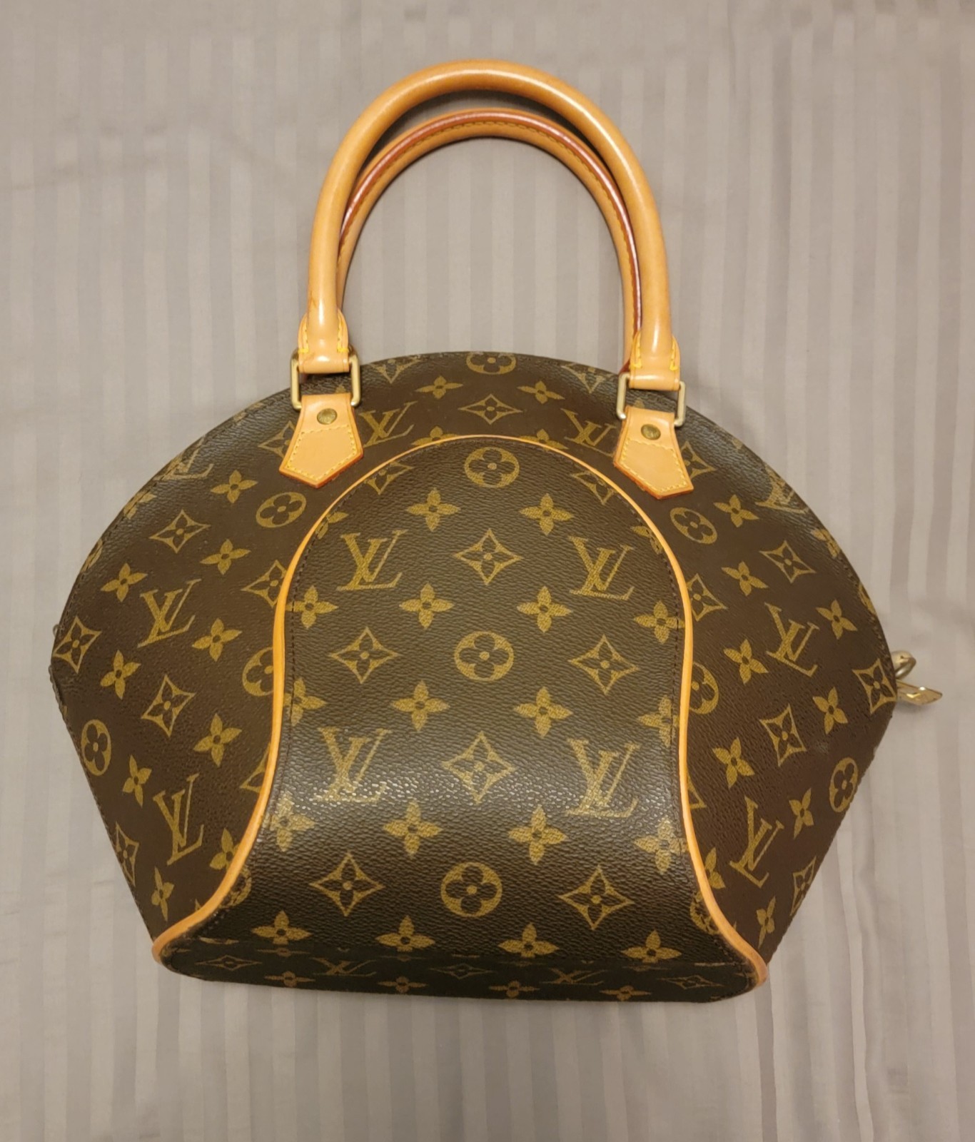 Louis Vuitton Monogram Satchel Elipse Top Handle Bag Brown Zip Gold Hardware MM