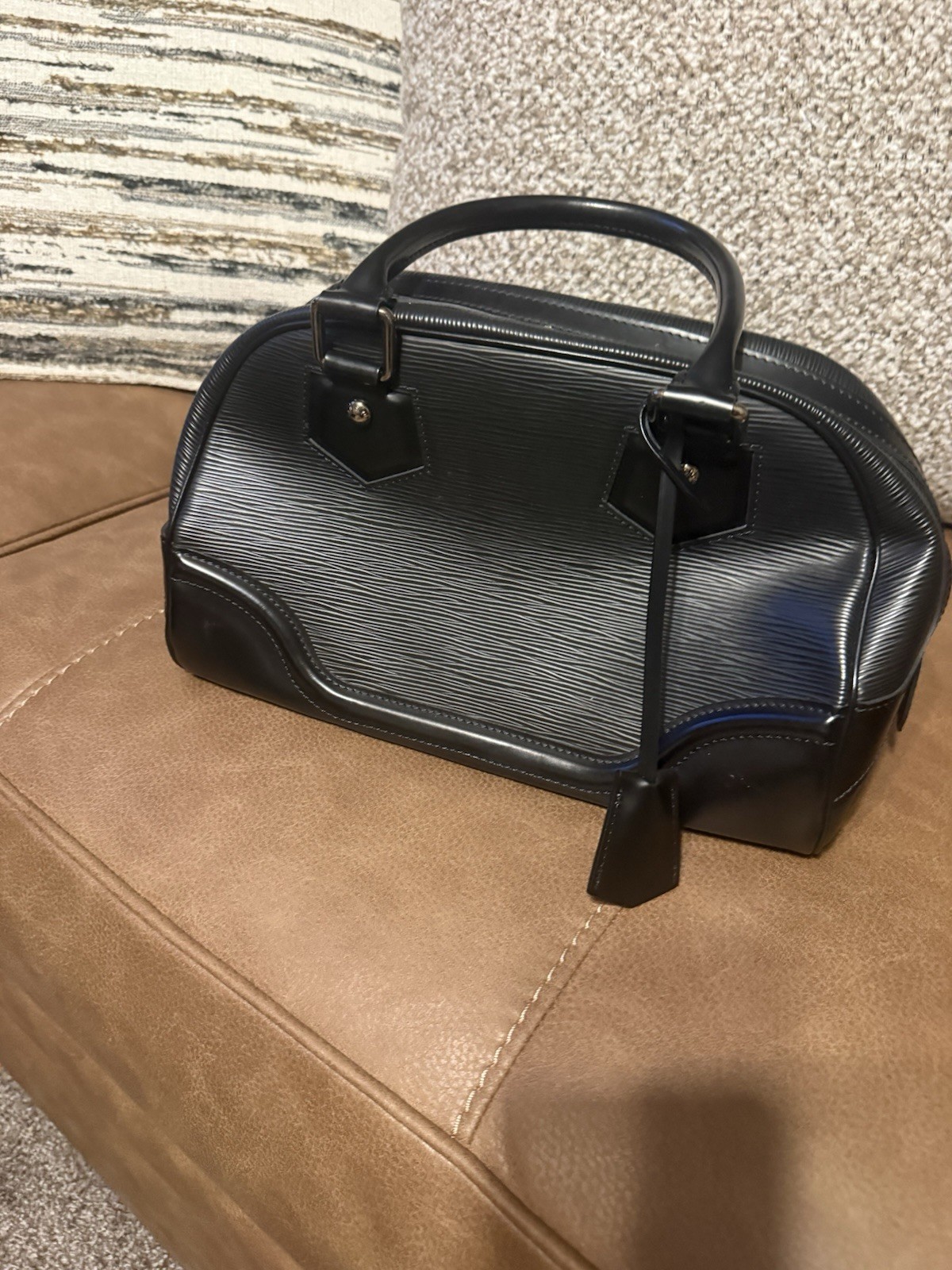 Louis Vuitton Black Epi Top Handle Bag with Padlock and Silver Hardware