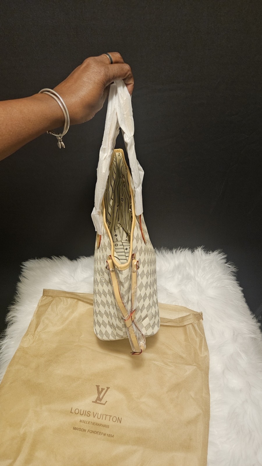 Louis Vuitton Damier Azur Tote Bag Gold Hardware Double Handles Women’s